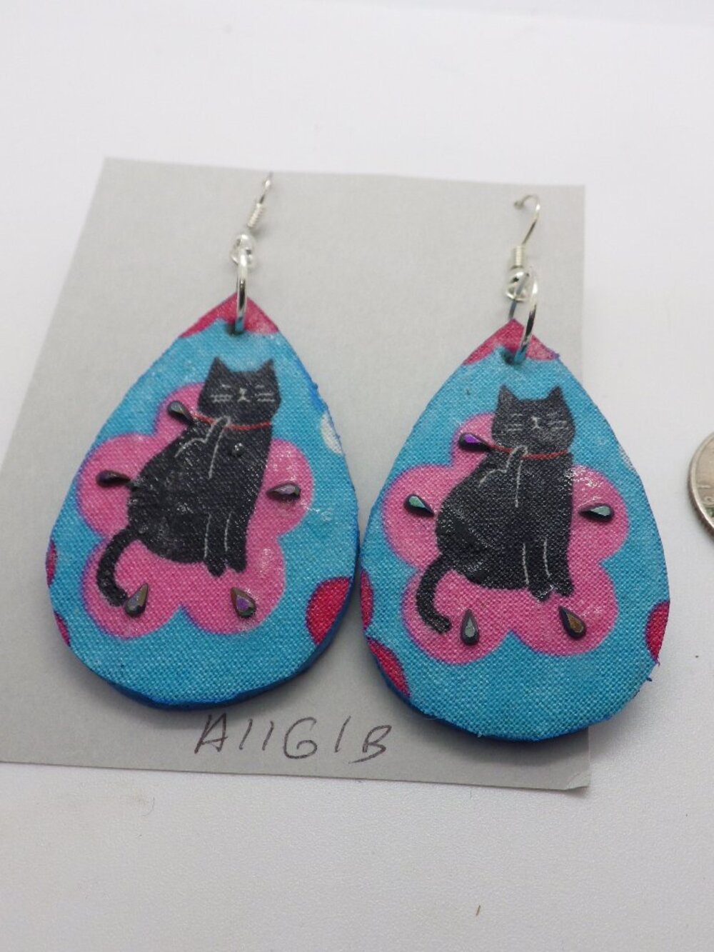 Handcrafted from Wood & Fabric Black Cat Earrings 902G1